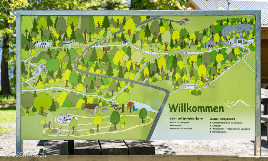 Infotafel mit den Stationen des Grabser Waldparcours.