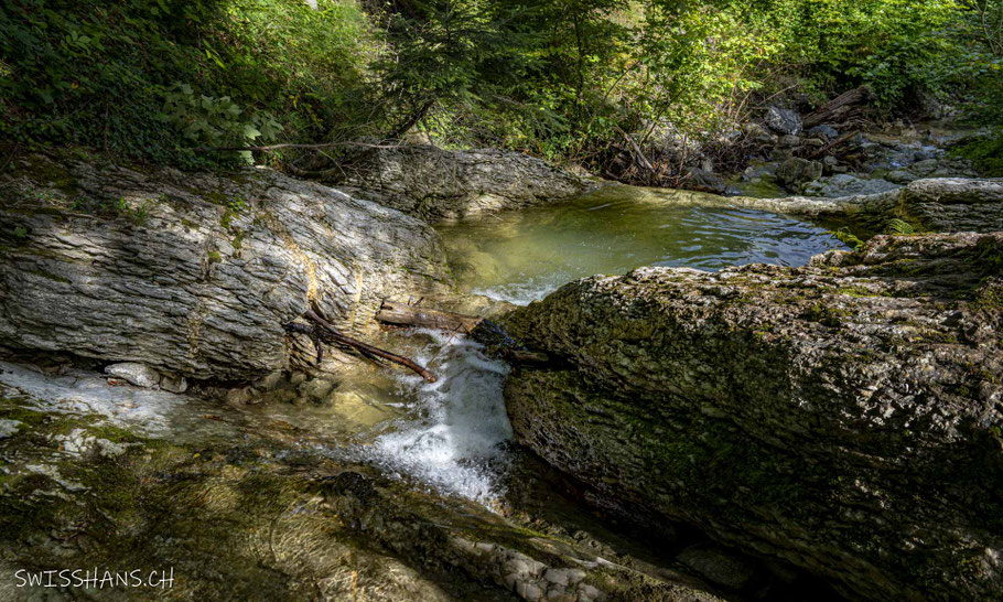 Kobelwiserbach mit kleinen Tümpeln zwischen den grossen Steinen bzw. Felsen