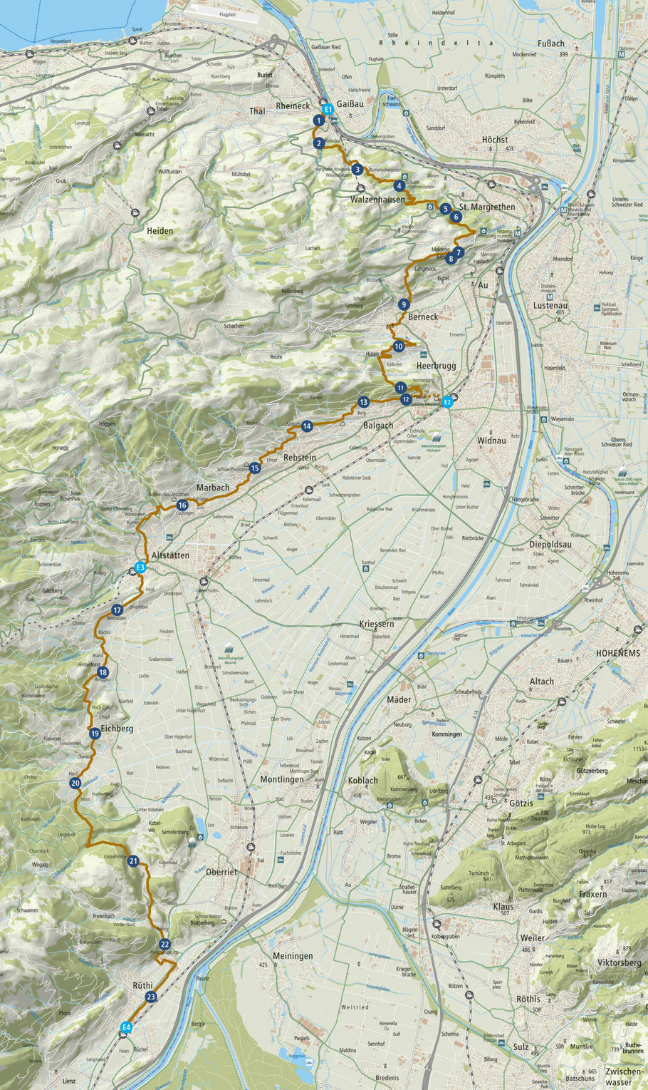 Übersichtskarte Rheintaler Industrieweg mit 4 Einstiegsorten. Quelle: www.industrieweg-rheintal.ch/