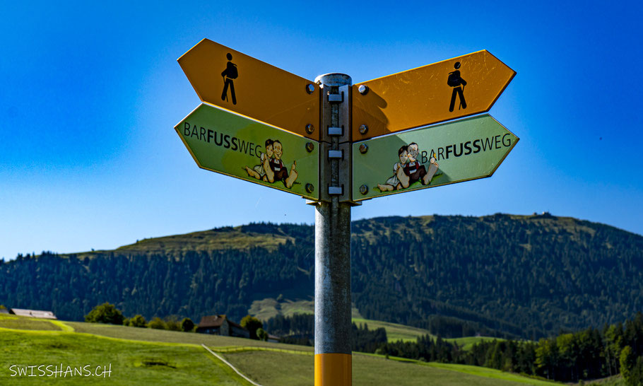Wegweiser für den Barfussweg zwischen Jakobsbad und Gontenbad mit Kronberg im Hintergrund