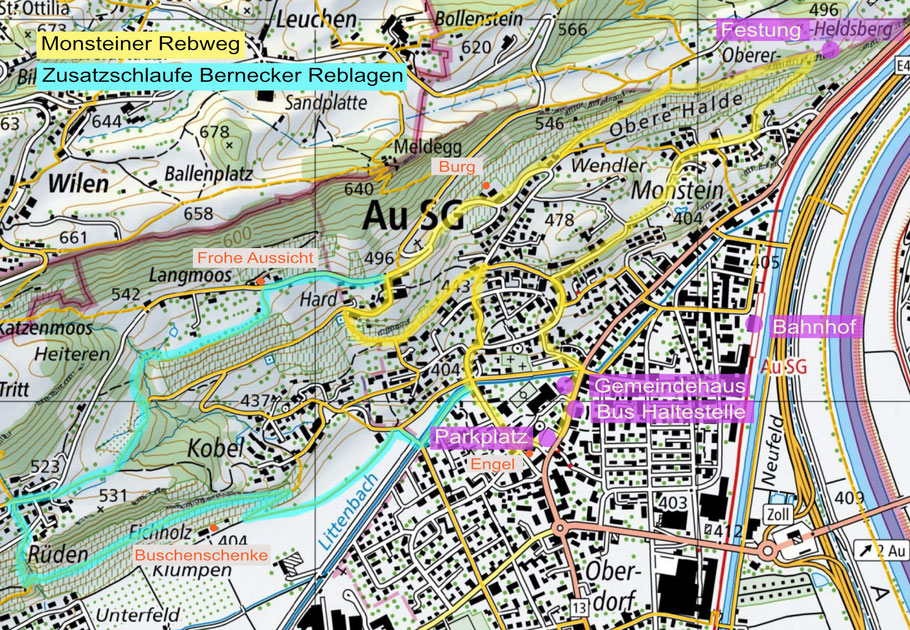 Karte von map.geo.admin.ch mit eingezeichnetem Monsteiner Rebweg.