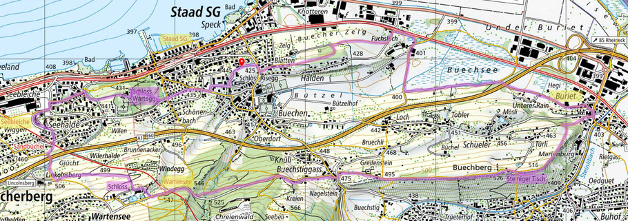 Karte mit eingezeichneter Wanderroute. Quelle: https://map.geo.admin.ch/