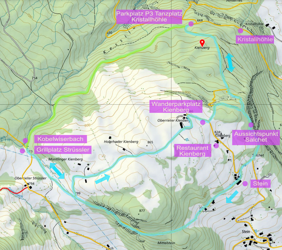 Karte mit eingezeichneter Rundwanderung auf dem Kienberg. Quelle: https://map.geo.admin.ch/