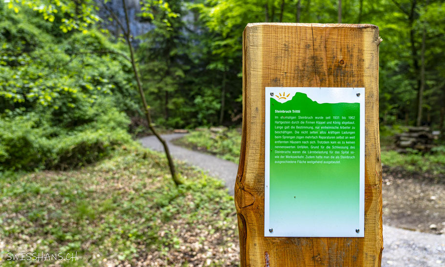 Infotafel mit Informationen zum Steinbruch Trittli auf dem Grabser Waldparcours