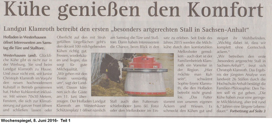 Zeitungsartikel "Kühe genießen den Komfort" Wochenspiegel vom 8. Juni 2016 Teil 1