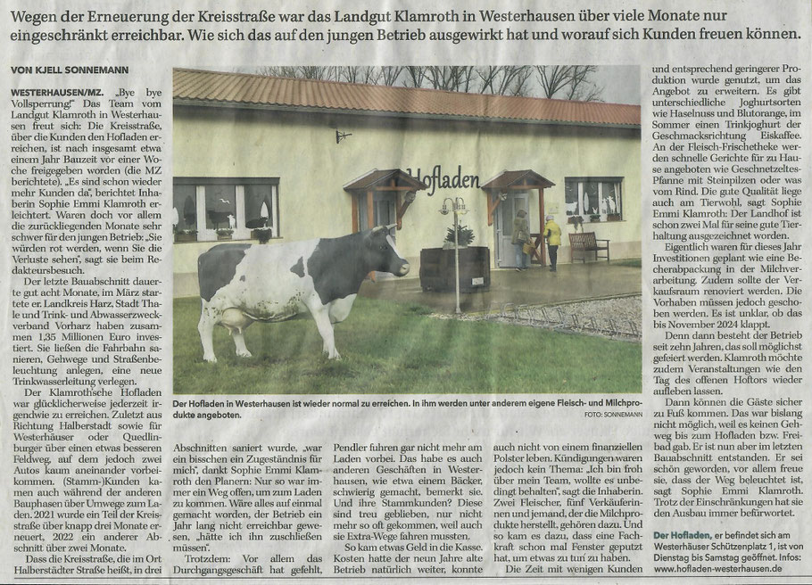 Zeitungsartikel "Hofladen übersteht Bauzeit" Mitteldeutsche Zeitung 20.11.2023