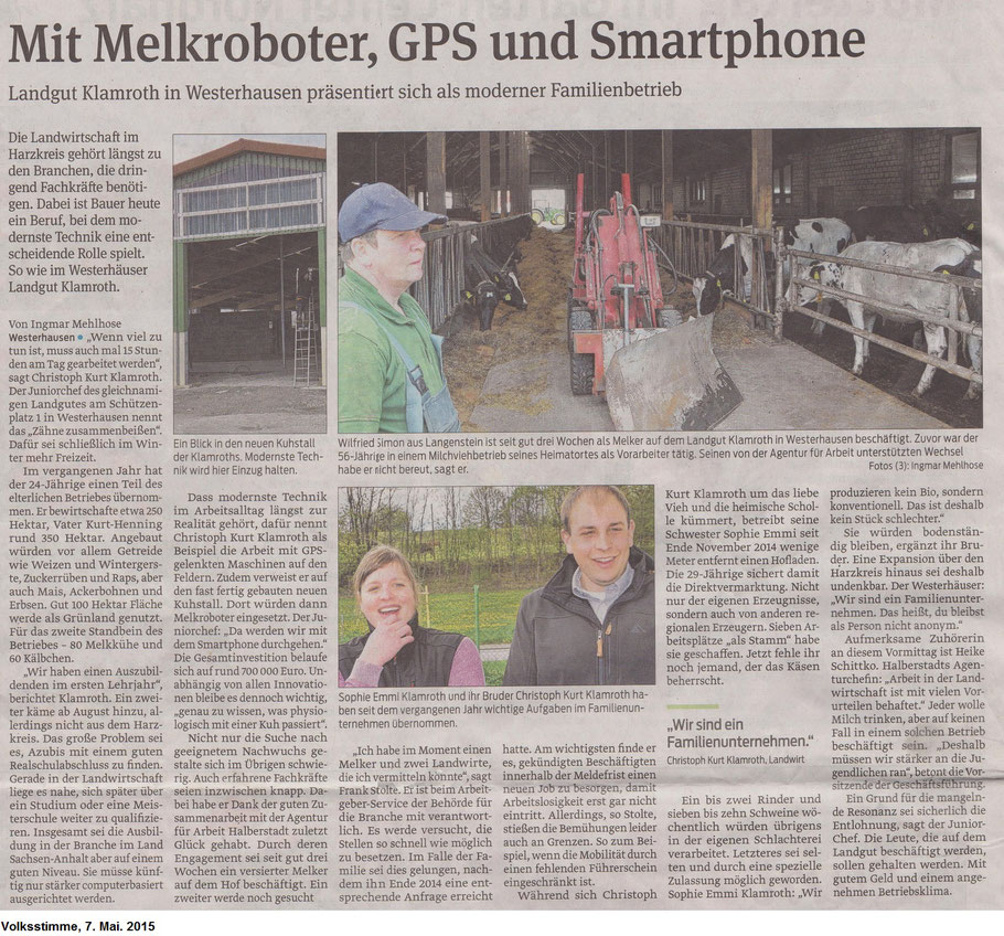 Zeitungsartikel "Mit Melkroboter, GPS und Smartphone" aus der Volksstimme vom 7. Mai 2015