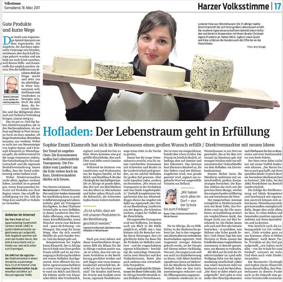 Zeitungsartikel "Hofladen: Der Lebenstraum geht in Erfüllung" Harzer Volksstimme vom 18. März 2016
