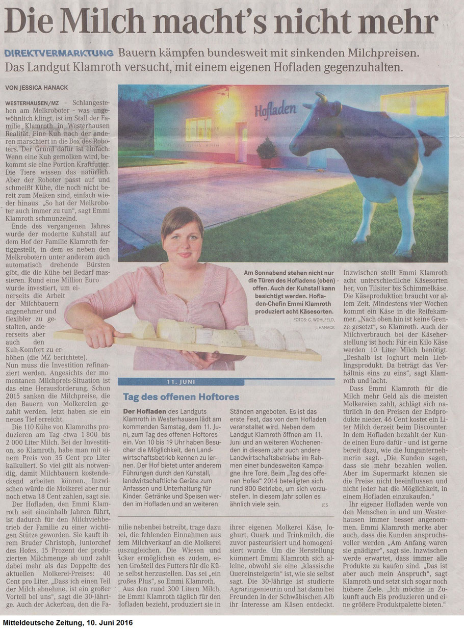 Zeitungsartikel "Die Milch macht's nicht mehr" Mitteldeutsche Zeitung vom 10. Juni 2016
