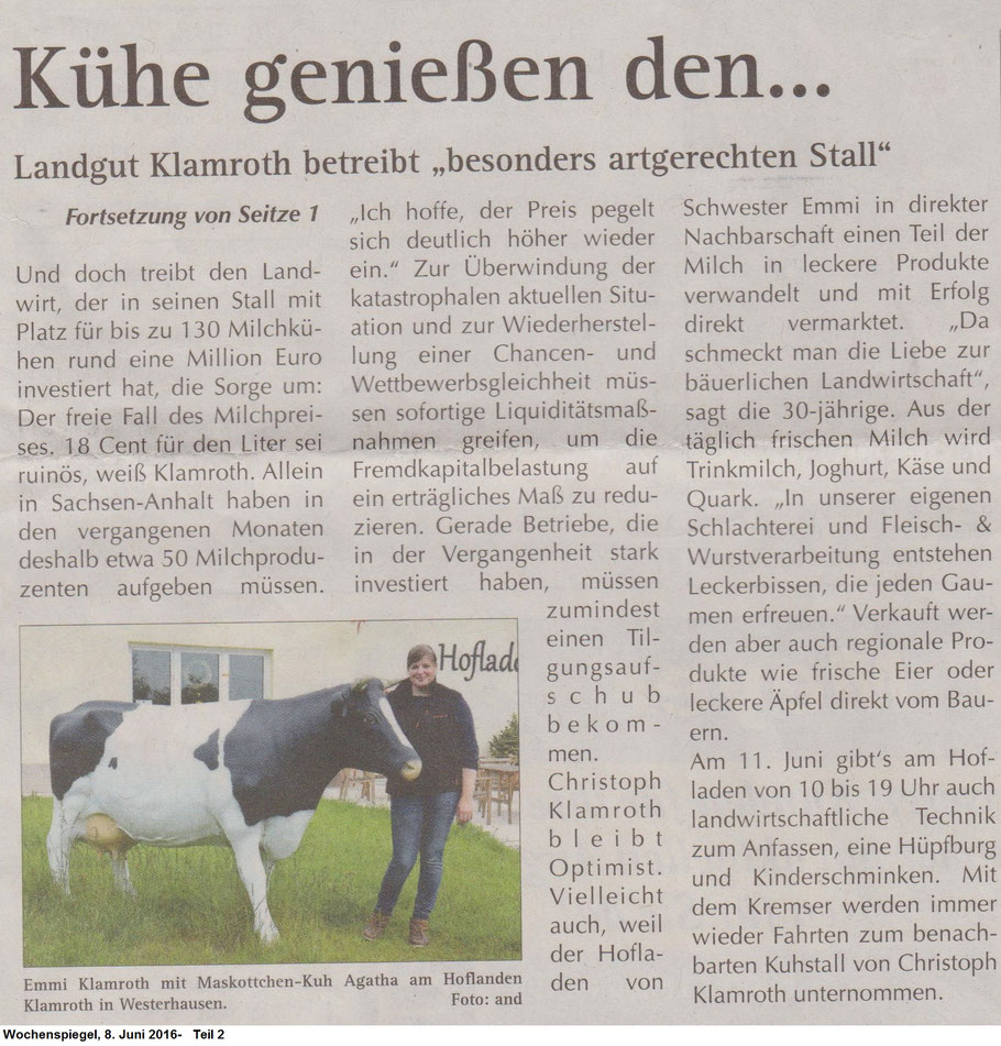 Zeitungsartikel "Kühe genießen den Komfort" Wochenspiegel vom 8. Juni 2016 Teil 2