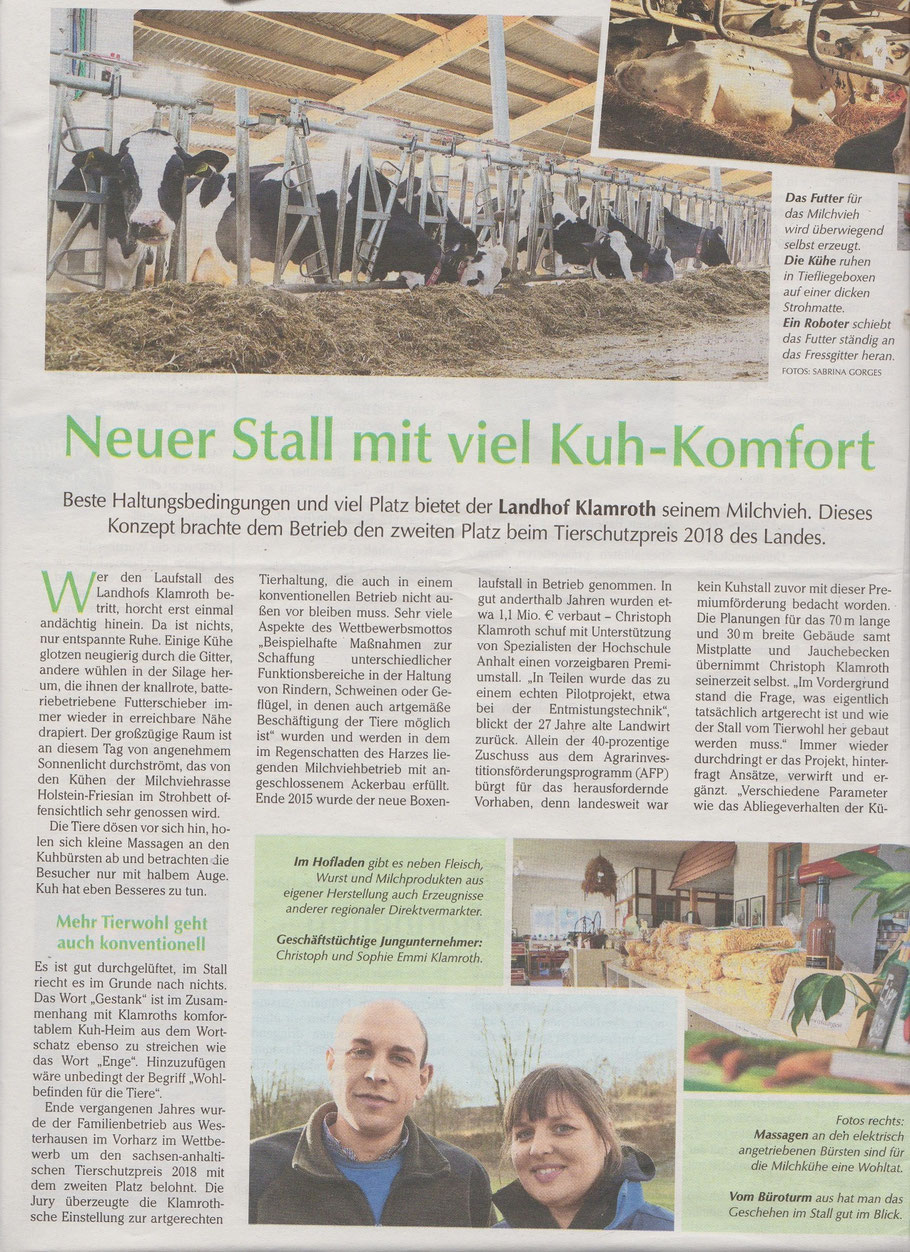 Zeitungsartikel "Neuer Stall mit viel Kuh-Komfort" Bauernzeitung 3. Woche 2019 Teil 1