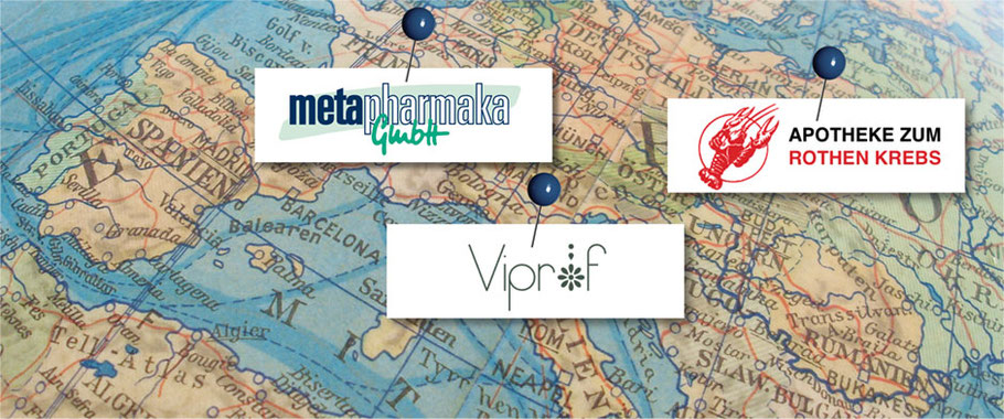 Europakarte mit Pins von metapharmaka Schweiz, Viprof Italien und Apotheke zum Rothen Krebs Österreich. 