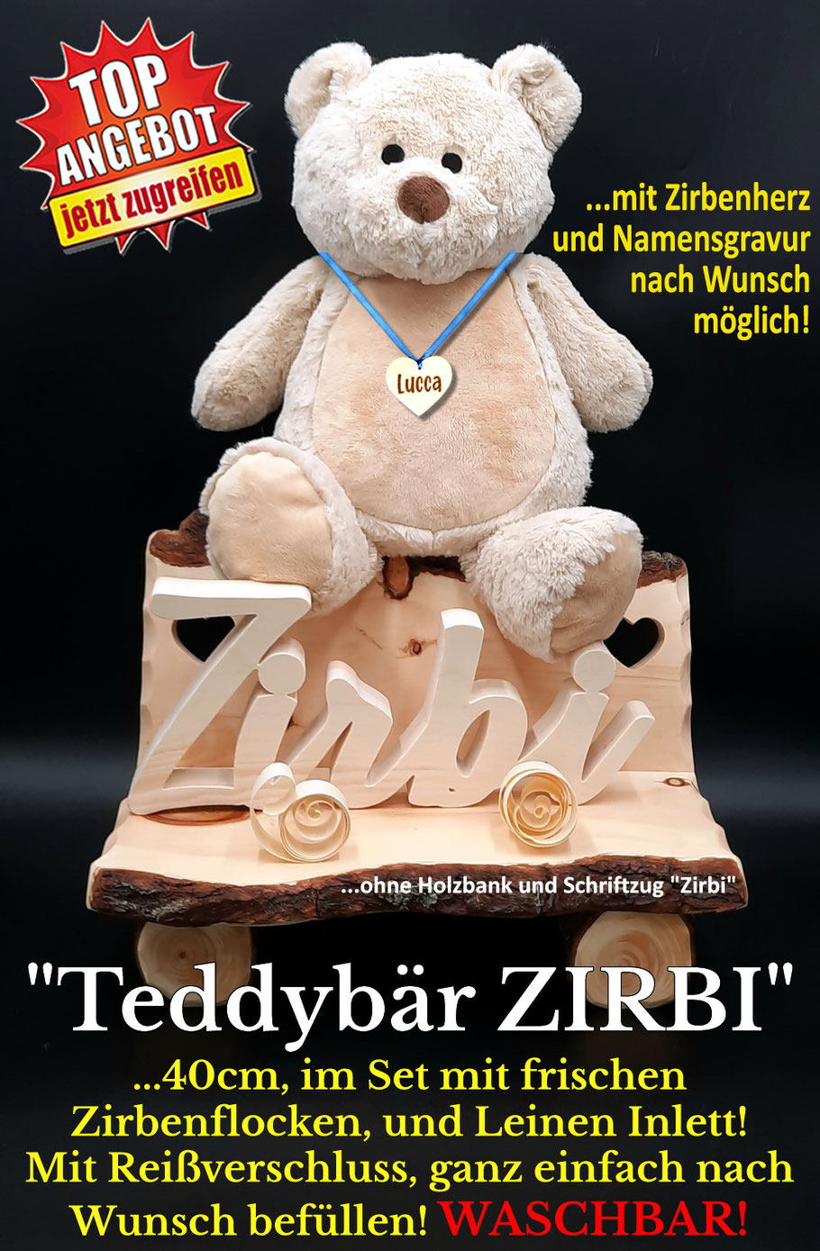 Teddybär befüllbar mit Reißverschluss und Inlett, waschbar mit Zirbenholz Füllung!