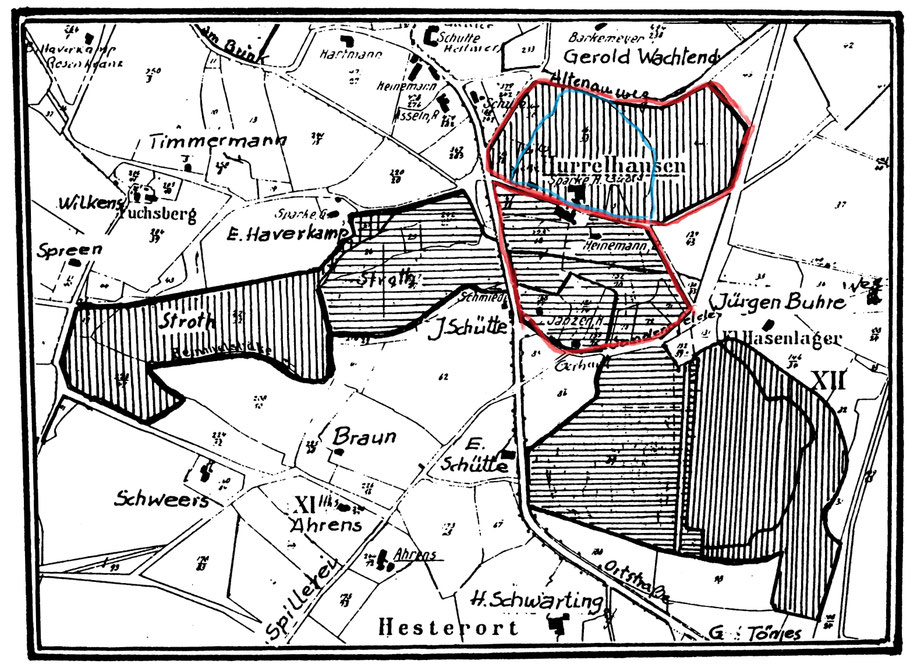in Blau: Ursprüngliche Lage der Vollbau des Bauern Johan Barkhuß mit dem éhemaligen Feld bis 1501, der Wiese und dem Hofgebiet