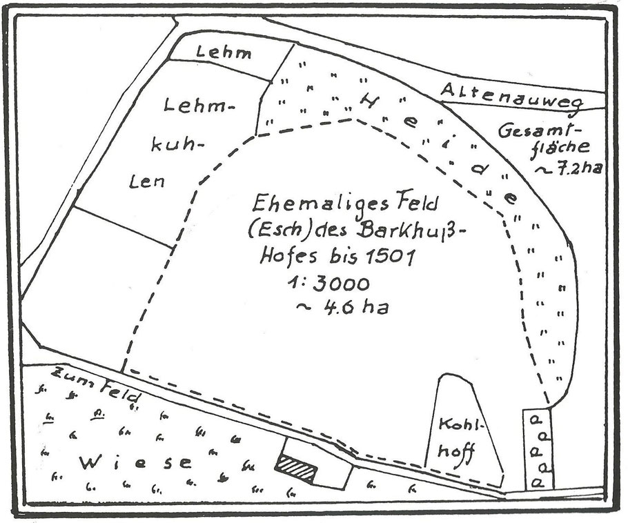Ursprüngliche Lage der Vollbau des Bauern Johan Barkhuß mit dem éhemaligen Feld bis 1501, der Wiese und dem Hofgebiet