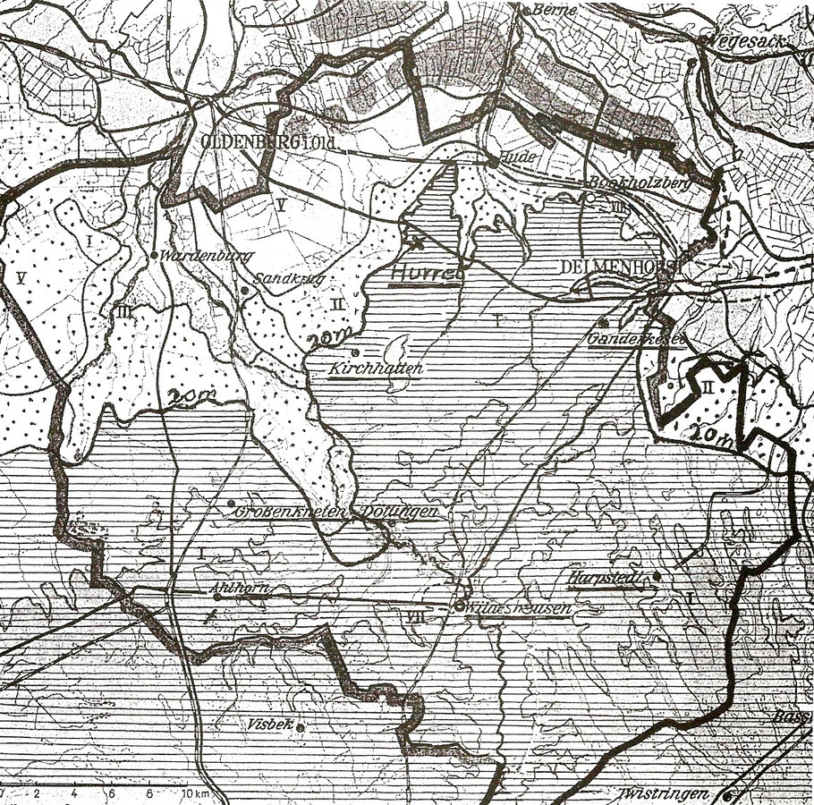 Höhenstufen des Landkreises Oldenburg, -- Geest oberhalb der 20-m- Höhenlinie, Vorgeest 10-20 m, graue Färbung = Niederungsgebiet bis 10 rn, (X Hurrel)