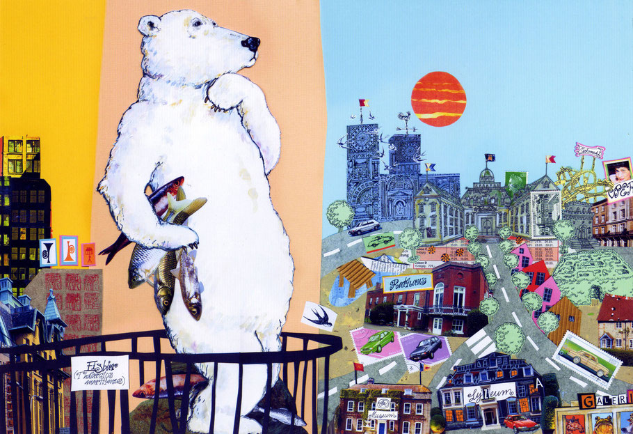 "Der Eisbär träumt" om Zoo, hoch über der Stadt Papiercollage © Caroline Ronnefeldt