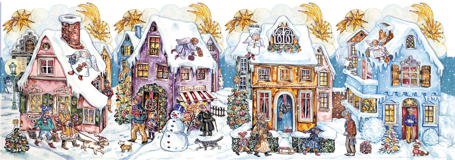 Adventskalender Teelichthaus Stadtpanorama Adventsstadt Engel Sternenhimmel Schneemann Gouache mit liebevollen Details Caroline Ronnefeldt