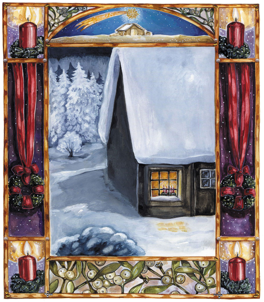 Adventsbild "Verschneites altes Haus" Illustration Caroline Ronnefeldt aus "Hausbuch zur Weihnachtszeit" ars Edition 2012