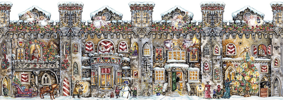 Adventskalender Teelichthaus "Adventsburg" mittelalterliche Burg mit 24 Türchen Gouache Wimmelbild mit liebevollen Details Caroline Ronnefeldt