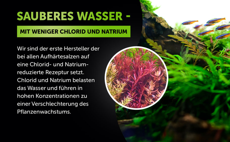 Sauberes Wasser mit weniger Chlorid und Natrium. Greenscaping ist der erste Hersteller der bei allen Aufhärtesalzen auf eine Chlorid- und Natrium reduzierte Rezeptur setzt. Chlorid und Natrium belasten das Wasser und können das Wachstum verschlechtern.