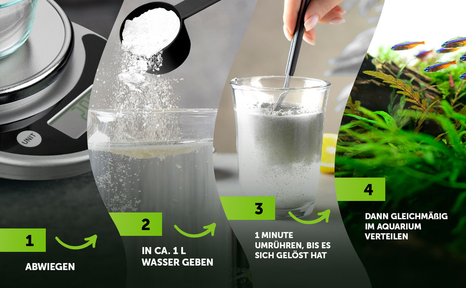 Bild zeigt wie das Osmo Royal Salz angewendet wird. 1. Abwiegen. 2 In ca. 1 L Wasser geben. 3 1 Minute umrühren, bies es sich gelöst hat. 4 Dann gleichmäßig im Aquarium verteilen.