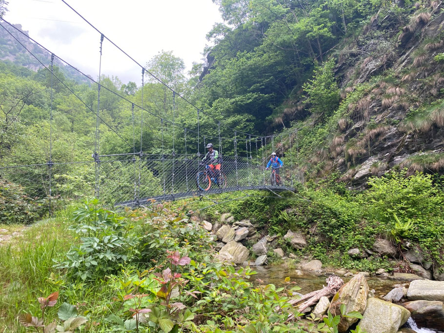 Ponti in acciaio ed altri in legno si susseguono sorvolando il Rio Grandubbione