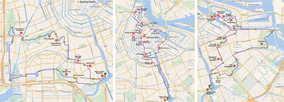 3 van de 5 routes: Wandeling West, Centrum en Oost