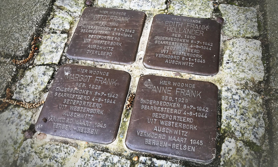 Merwedeplein 37-II: Stolpersteine to remember Anne Frank's family (2015), by Gunter Demnig 