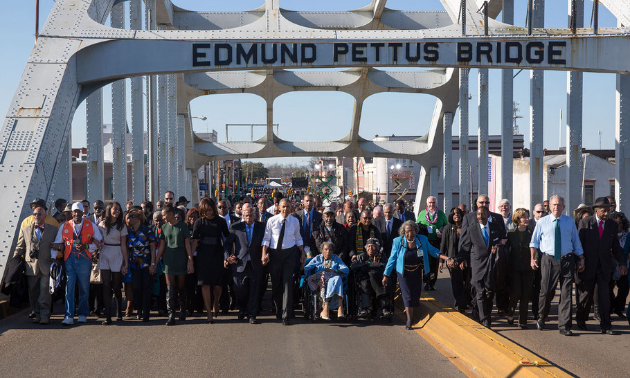 John Lewis, the Obamas and the Bushes cross the bridge, March 7, 2015, the 50th anniversary of Bloody Sunday.