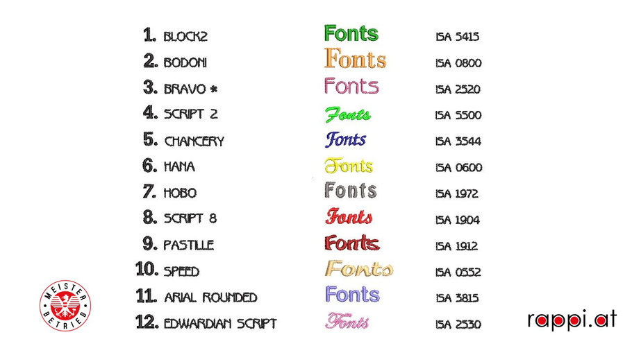 Schriftarten, Bestickung, Express Stickerei, Steiermark, Graz Umgebung, eigene Stickerei im Hause, Kochjacken Schürzen Baby Monogrammstick Namensstick Lätzchen Geschenksidee Trachtenbekleidung Velourtücher Embleme Leder kein kratzen auf der Haut Rucksack 