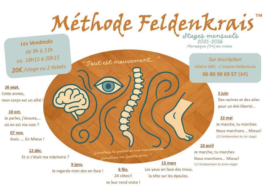 feldenkrais méthode corps douceur gym mouvement qualité ergonomie valérie sire stage bien-être dos pieds posture cerveau esprit yoga marche randonnée 