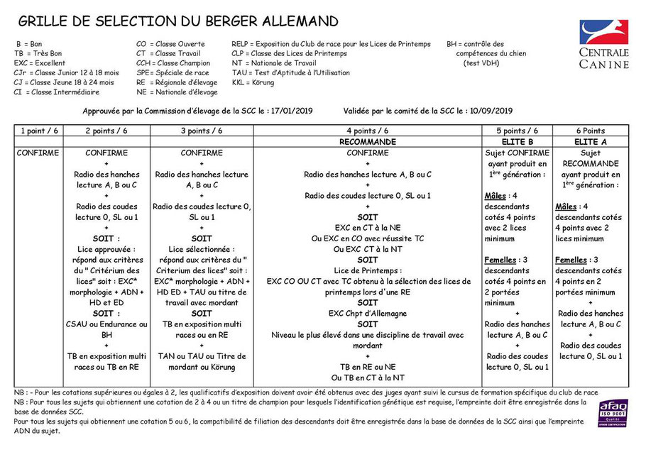 Nouvelle grille de Cotation du Berger Allemand à compter du 1er janvier 2020