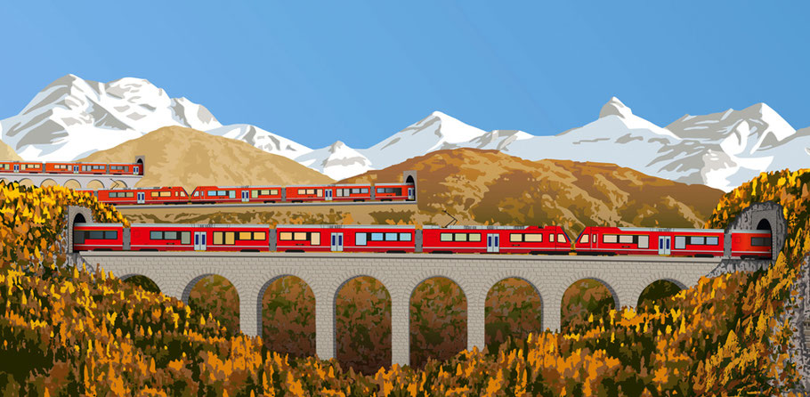 Weltrekord in der Schweiz, der längste Personenzug der Welt auf der Rhätischen Bahn zum 175. Geburtstag der Schweizer Bahnen