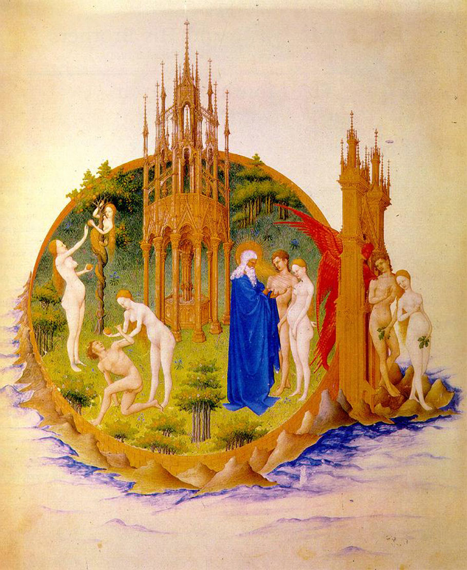 Fratelli Limbourg, "La caduta e l'espulsione dal Giardino", 1416