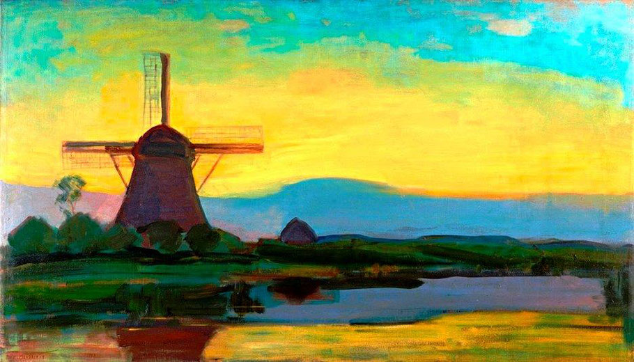 P. Mondrian, "Mill with extended blue, yellow and purple sky"