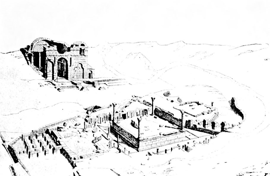 Nîmes (Nemausus) - Jardins de la Fontaine : Le sanctuaire des eaux (Vue cavalière des vestiges - dessin d'Auguste Pelet d'après les fouilles de 1739)