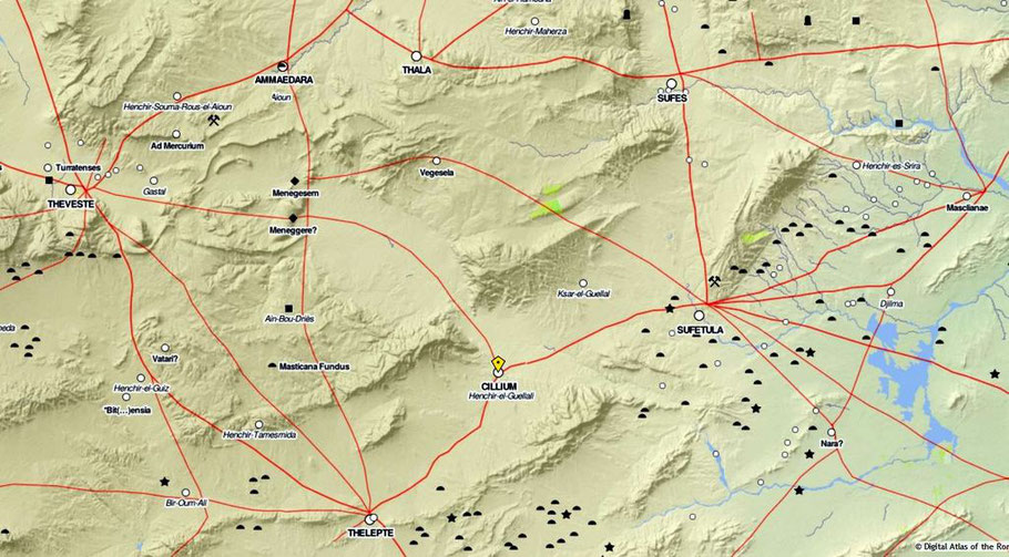 Les principales voies de communication romaines : Kasserine (Cillium) - Haïdra (Ammaedara) - Sbeïtla (Sufetula)