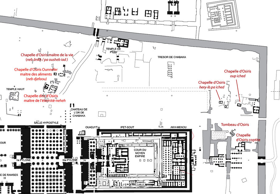 Karnak - Sanctuaires osiriens (vue partielle du site) - Chapelle d'Osiris Ounnefer neb djefaou
