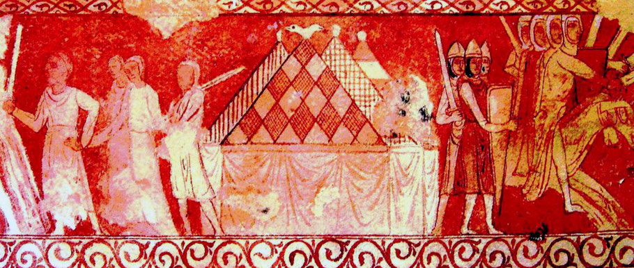16 - Cressac-Saint-Genis - Chapelle Templière - Registre inférieur mur Nord : Il représente une trêve avec échange de prisonniers ou d’otages (1180-1190) - France