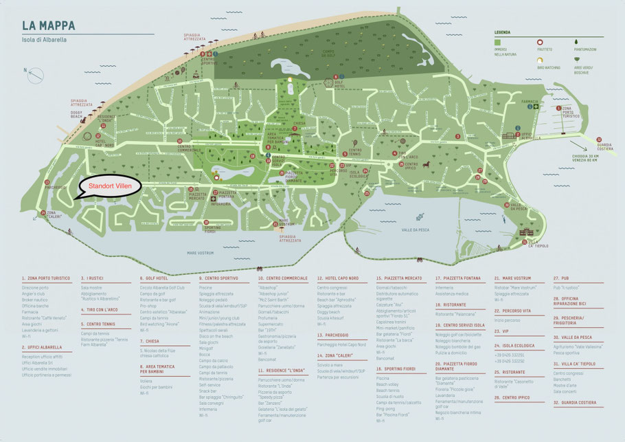 Infografik mit schematischer Karte der Insel Albarella, die eine Ferienhausanlage zeigt, mit markiertem Standort unseres Ferienhauses.