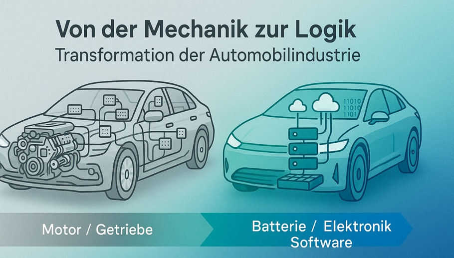 Das Bild zeigt - KI-generiert (ChatGPT) - 2 Fahrzeuge: eines mit Motor/Getriebe und eines mit Batterie/Elektronik/Software. Es soll den Wandel der Automobilindustrie symbolisieren.