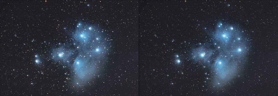 Messier 45 die Plejaden  - 3D-Bild      M 45 the Plejades  3D - cross view picture MeixnerObservatorium