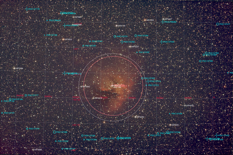 NGC 281 Pacman-Nebula Objectidentifikation - NGC 281 - Pac-Man-Nebel -  Objektidentifikation MeixnerObservatorium 