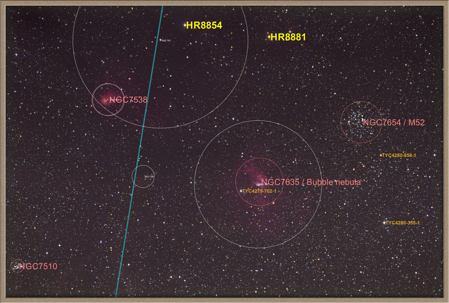 NGC 7635 Bubble-Nebula Objectidentifikation - NGC 7635 - Blasen-Nebel -  Objektidentifikation MeixnerObservatorium 