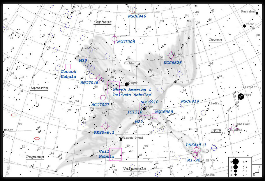  NGC 6888, Crescent-Nebel, Sichelnebel, LBN 203, H 4. 72, GC 4561 - Finderchart / Aufsuchkarte  MeixnerObservatorium