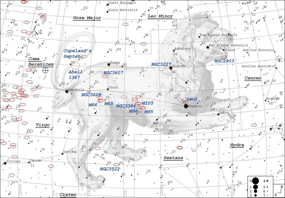 Leo Triplet - Finderchart - NGC 3628, M 66, NGC 3627, M 65, NGC 3623 +The star 73Leo - MeixnerObservatorium m. Guide 7 