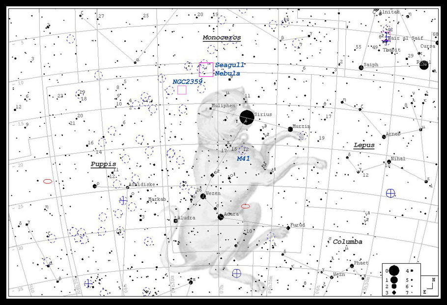 Sirius; auch: α Canis Majoris  - Aufsuchkarte  MeixnerObservatorium