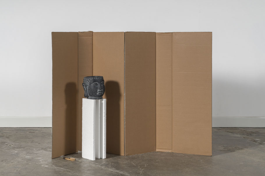 Altar, 2024 ca. 90 x 125 x 50 cm Moulded polystrene, cement pot, corrugated cardboard, coins, sandalwood