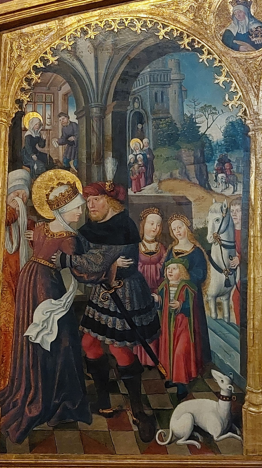 op de voorgrond het afscheid van Lodewijk IV op kruistocht. rechtboven zijn vertrek, links boven krijgt Elisabeth zijn doodstijding . Drieluik Elisabethkirche Marburg